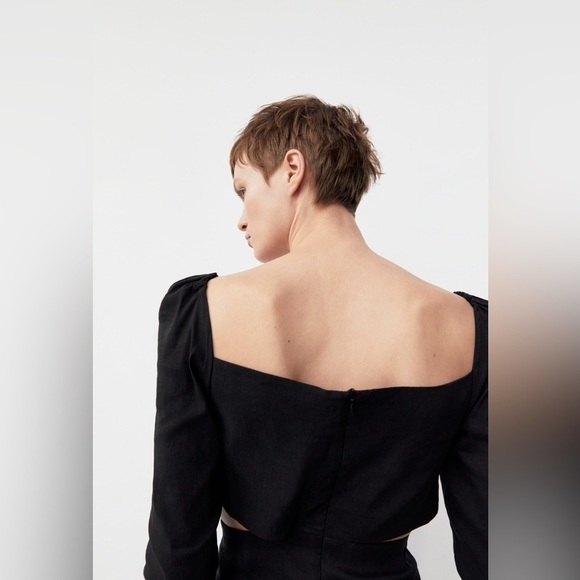 Zara Linen Blend Cut Out Top Black Puff Shoulders Cropped Small - Picture 5 of 16